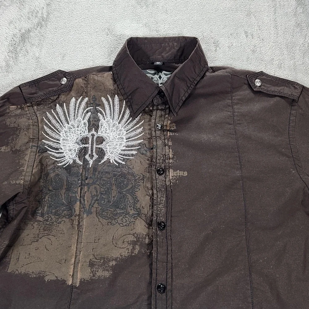 Roar Shirt Mens Large Brown Gothic Wings Cross Long Sleeve Button Up Embroidered